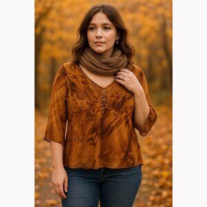 Separates by NY Womens Large Petite Silk Sheer Amber Brown Sequin Top Animal Y2K